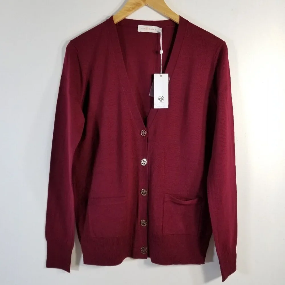 NWT Tory Burch Madeline 100% Merino Wool Cardigan Garnet Red‎ Logo Button XS